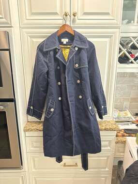 Ann Taylor LOFT Navy Blue Contrast Stitch Trench Coat with Yellow Lining Size 4